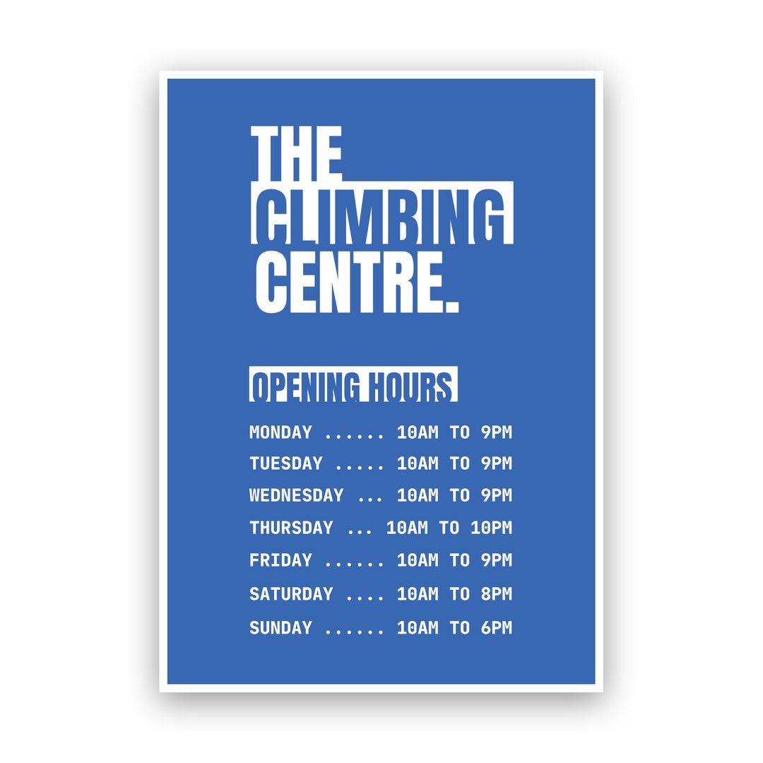Opening hours poster in blue with the wordmark and the week's hours