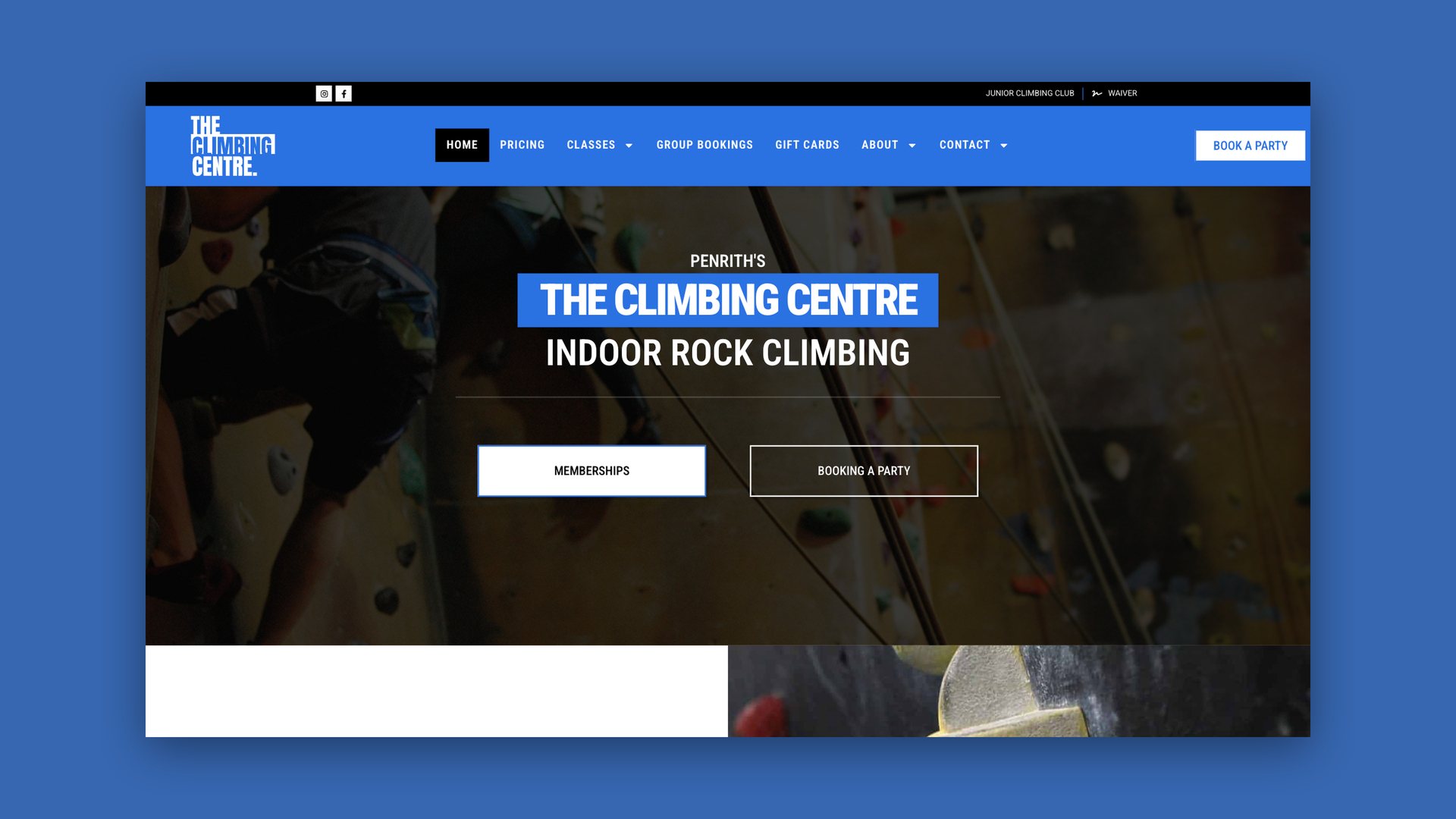 Website homepage headed Indoor rock climbing, with Memberships and Booking a party buttons