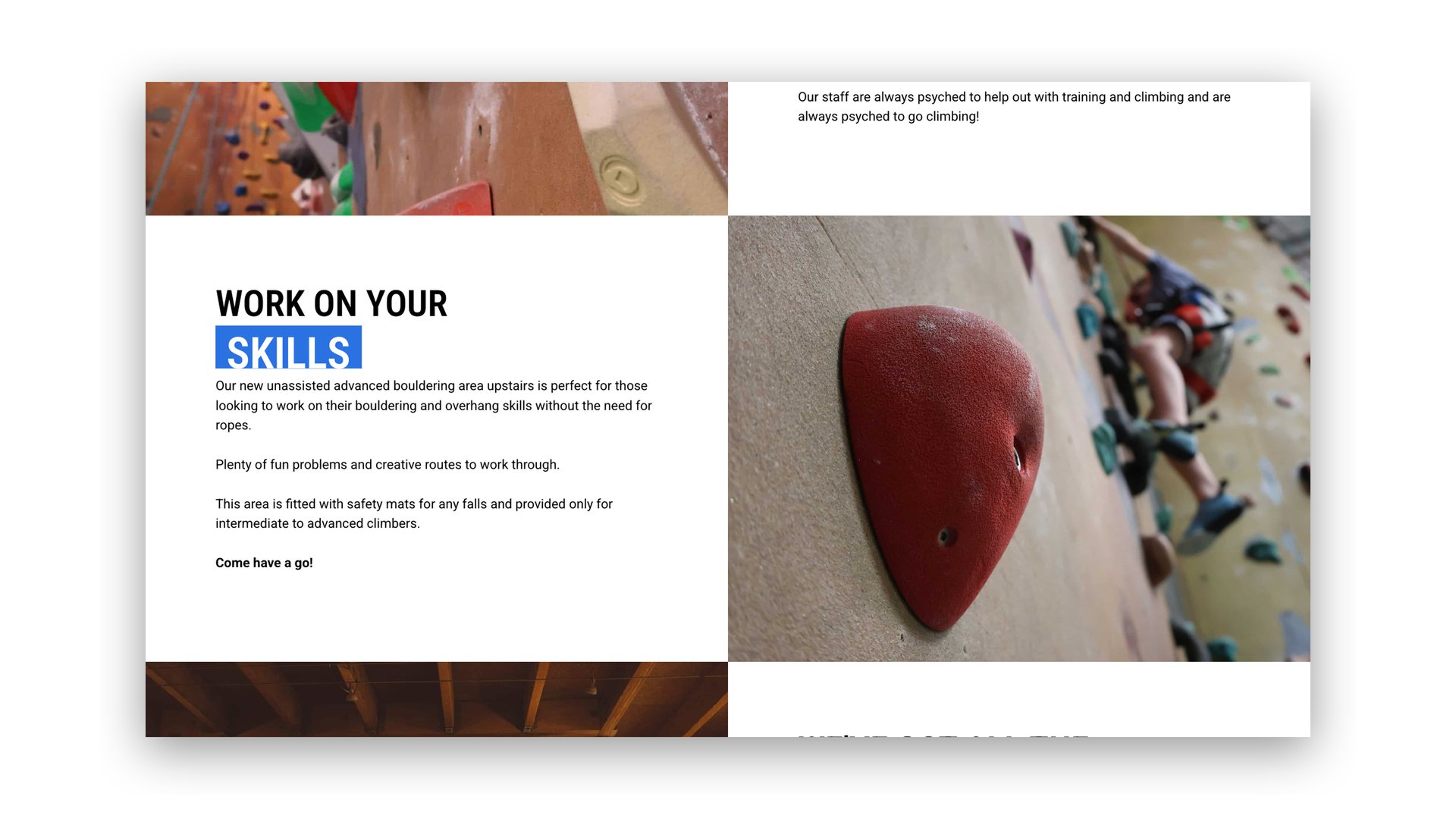 Website section headed Work on your skills, with a photo of climbers on the wall