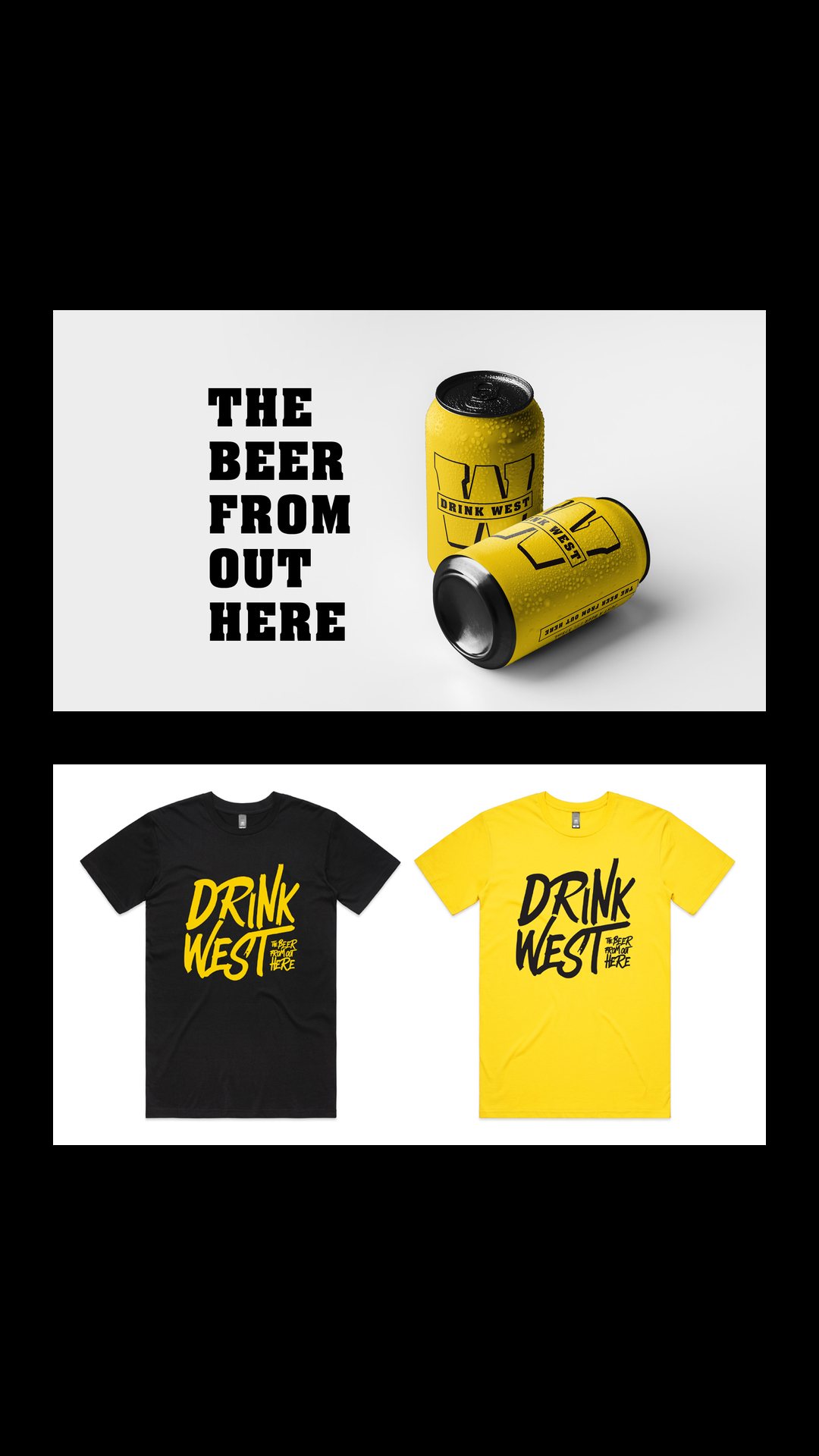 Social post reading The beer from out here, with cans and black and yellow tees