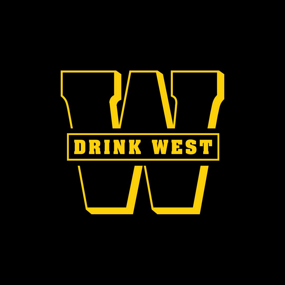 Drink West W logo in yellow outline on black