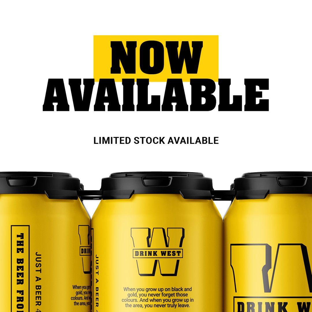 Now Available social post above a row of yellow Drink West cans