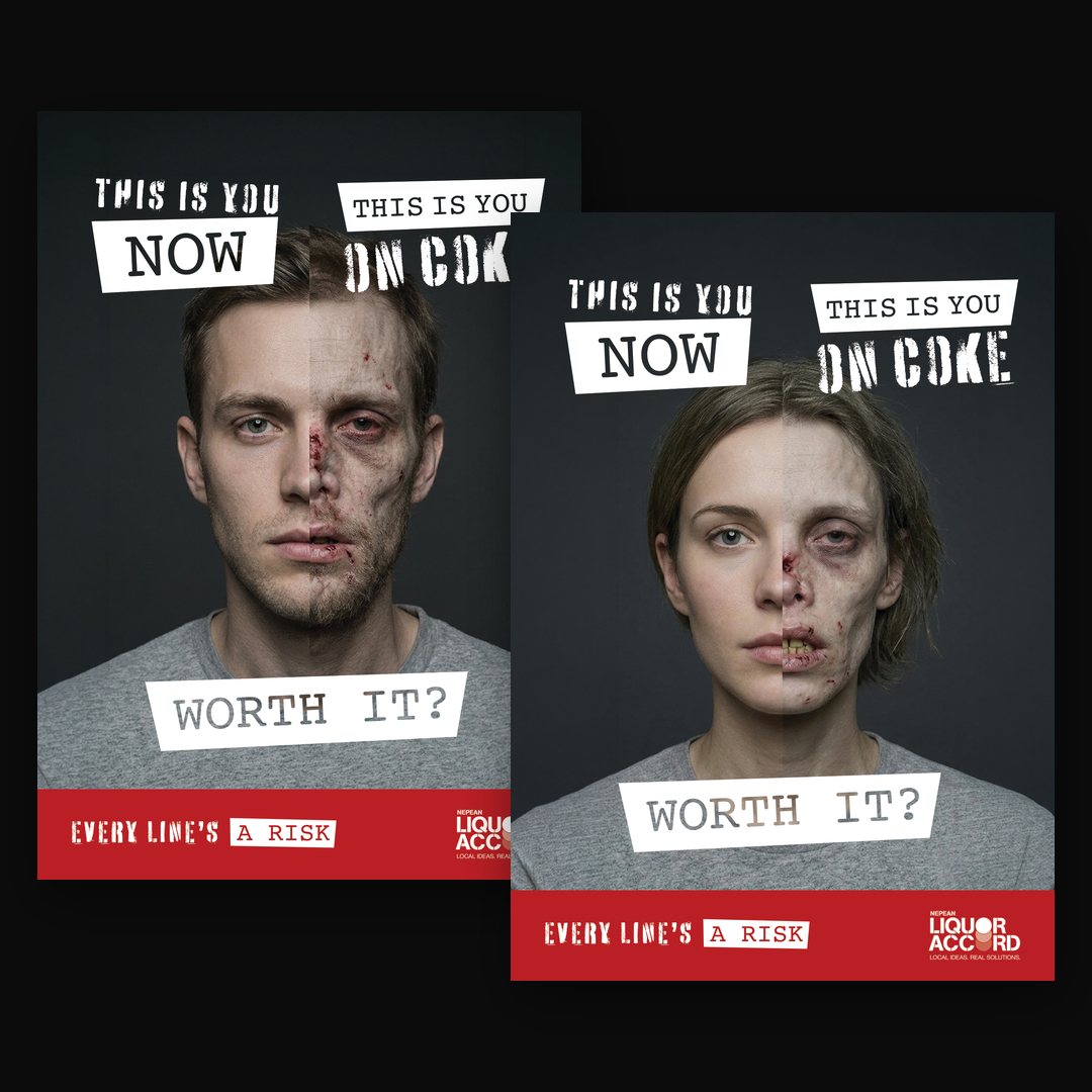 Two posters with a bruised face and the lines This is you now and Worth it