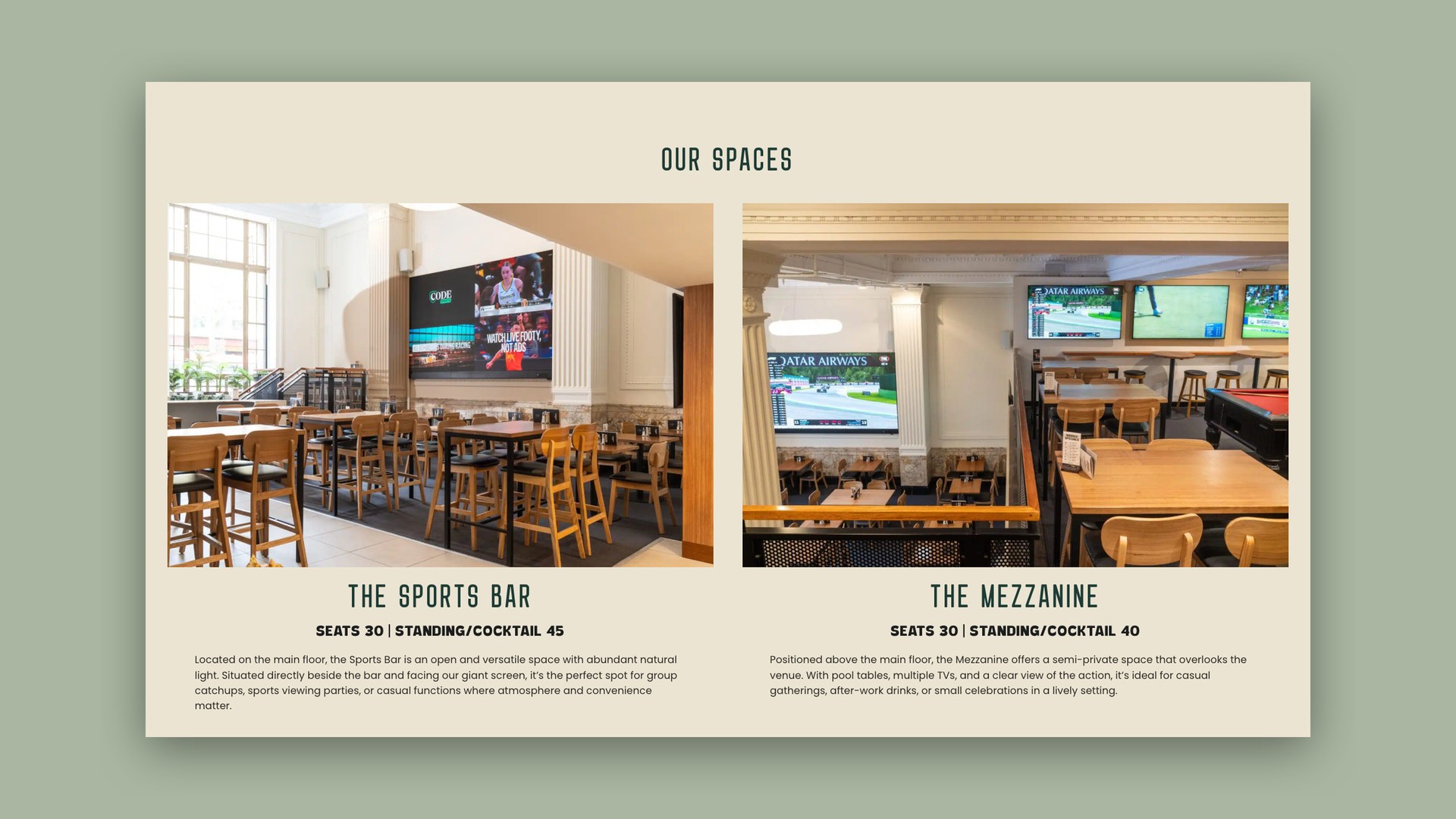 Falcone Hospitality venue website page showing the sports bar and the mezzanine spaces