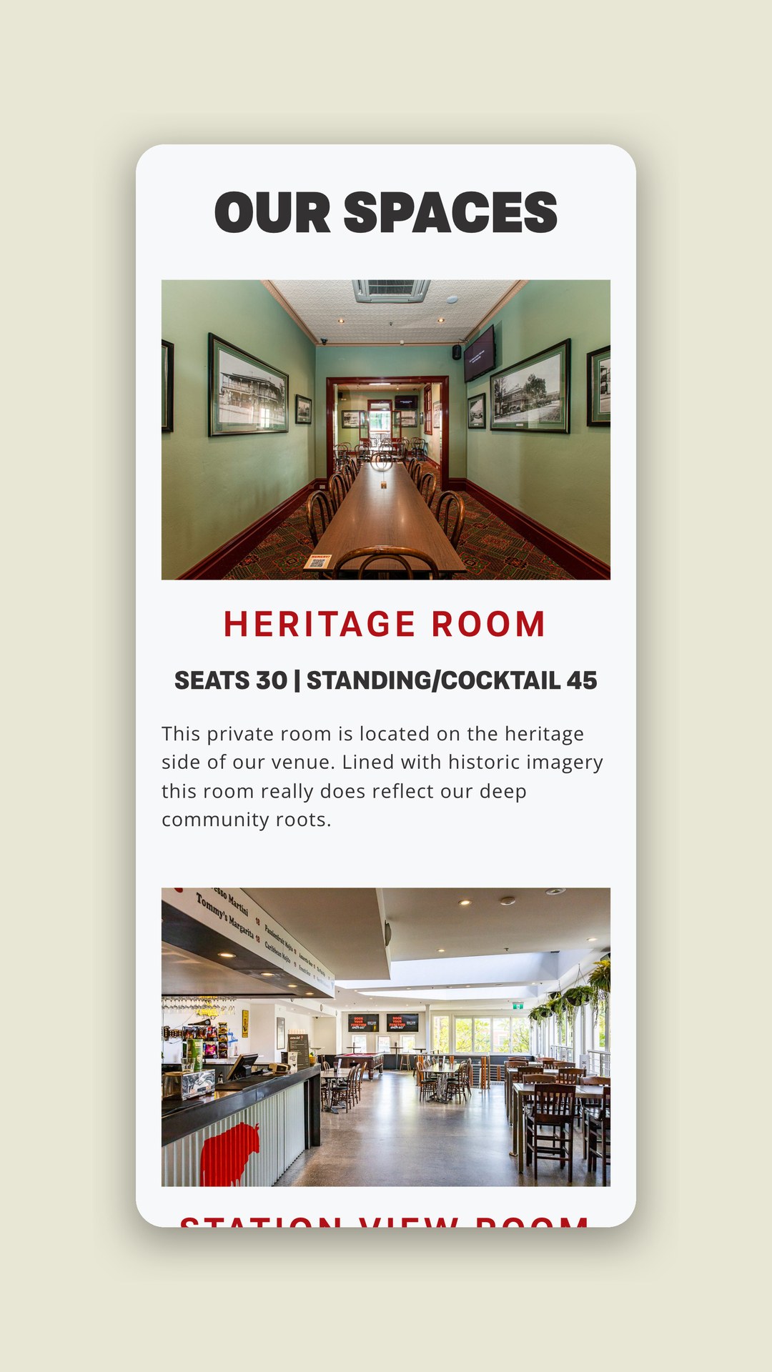 Mobile website, venue spaces and heritage room