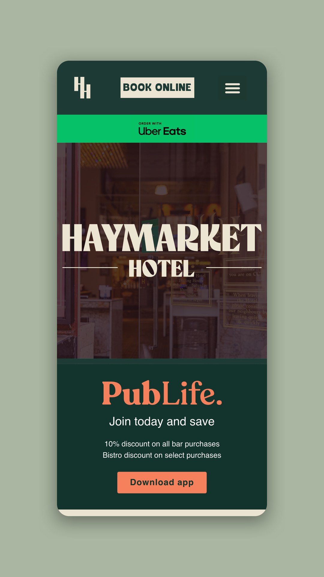 Haymarket Hotel mobile website with a book online button and a PubLife loyalty offer