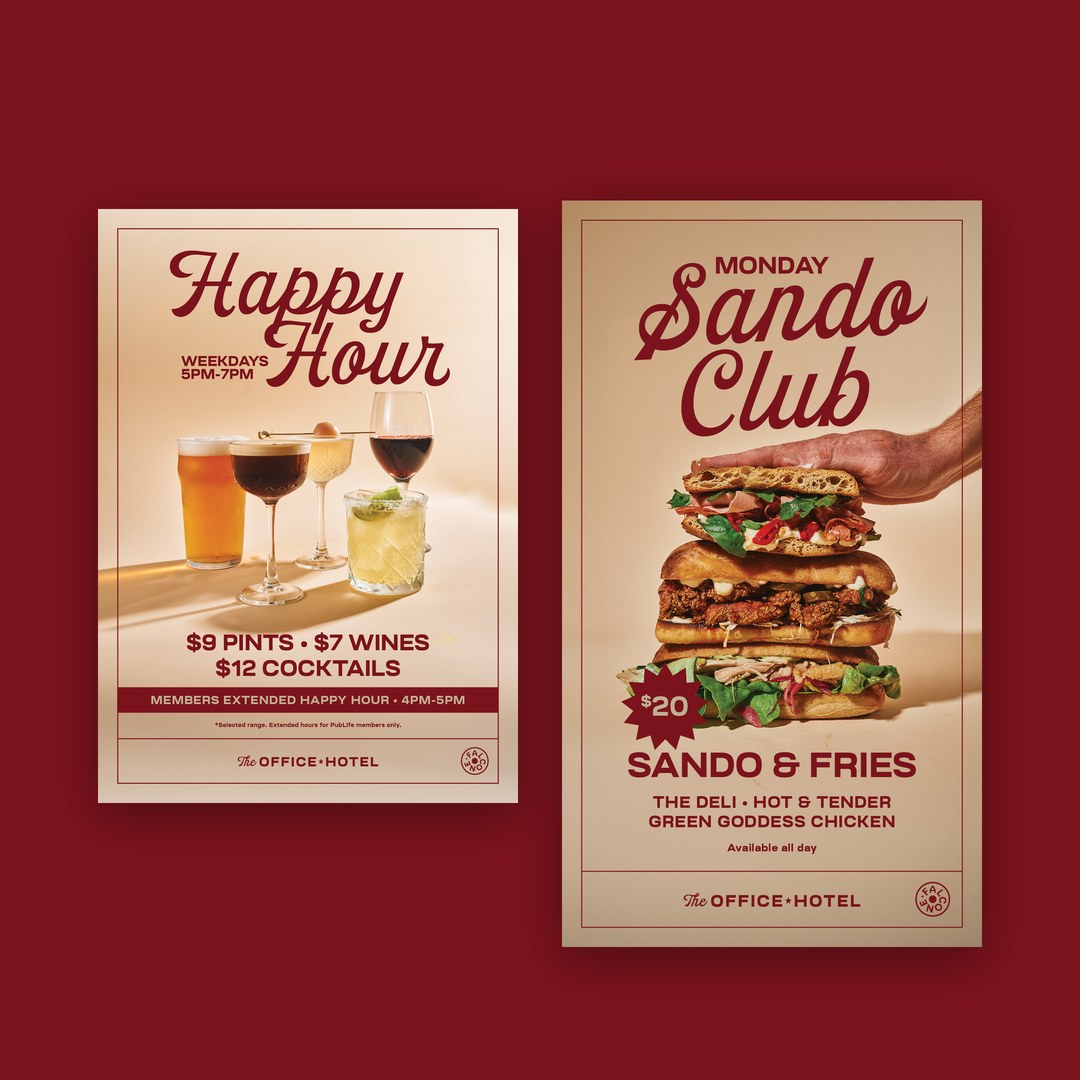 Happy Hour and Sando Club promotional posters for a hotel venue