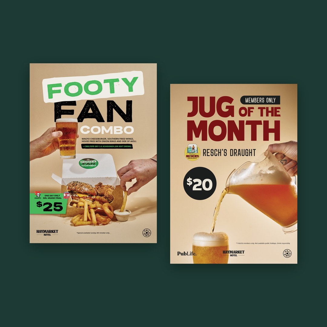 Footy Fan Combo and Jug of the Month promotional posters