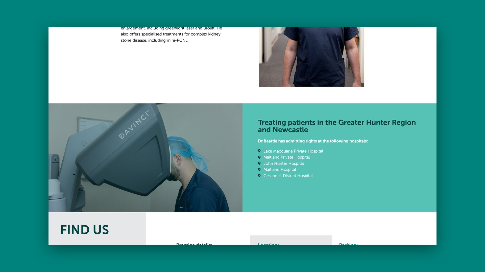 Website section on treating patients across the Greater Hunter Region, with a surgical robot
