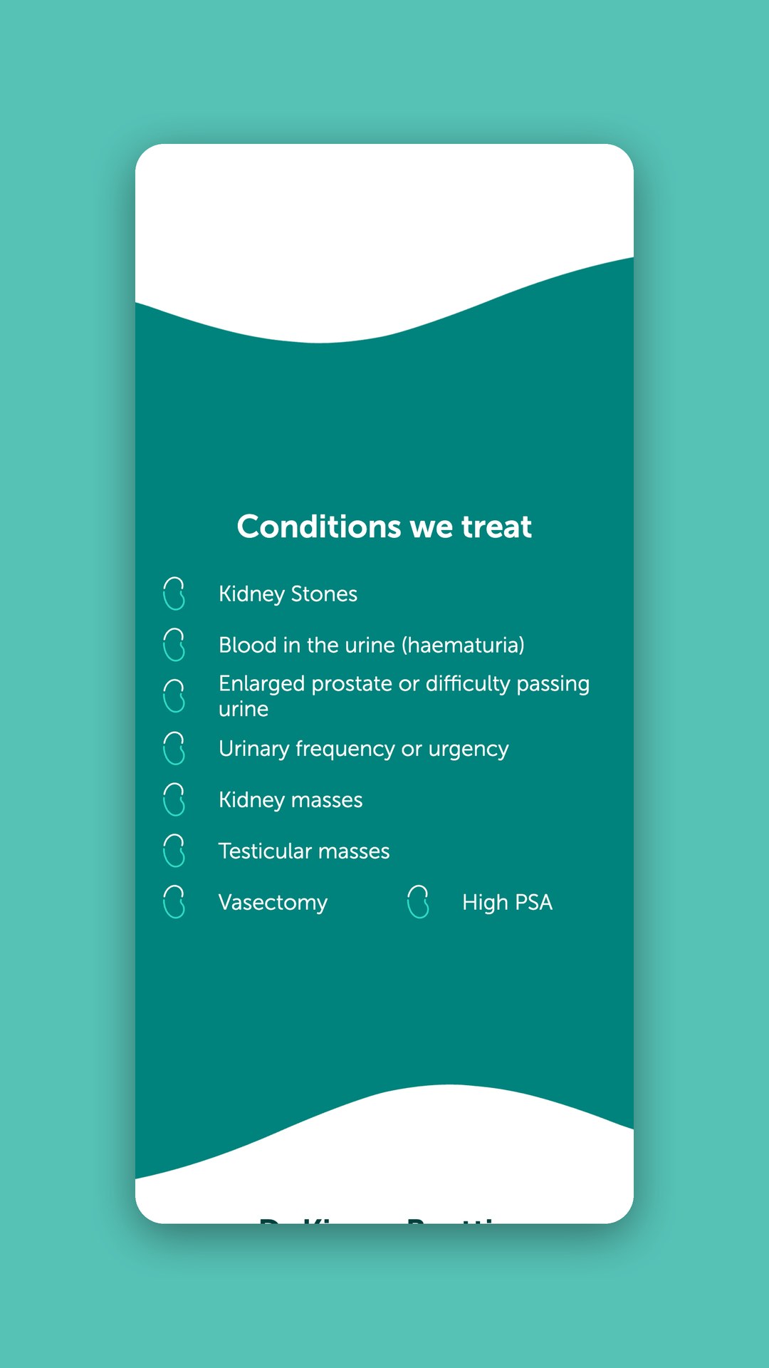 Mobile view of the Conditions we treat list on a teal background