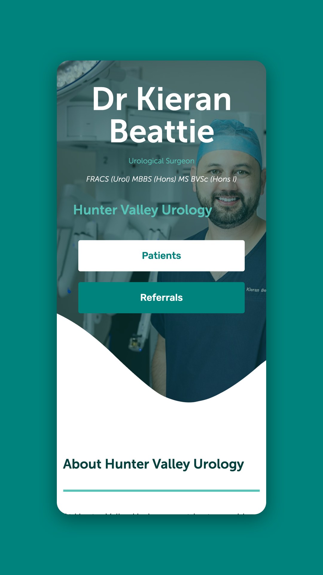 Mobile view of the homepage with Patients and Referrals buttons