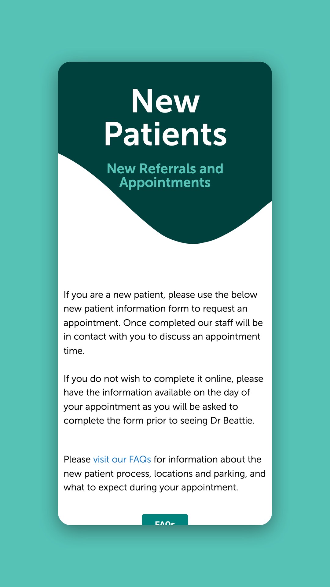 Mobile view of the New Patients page explaining the appointment request form