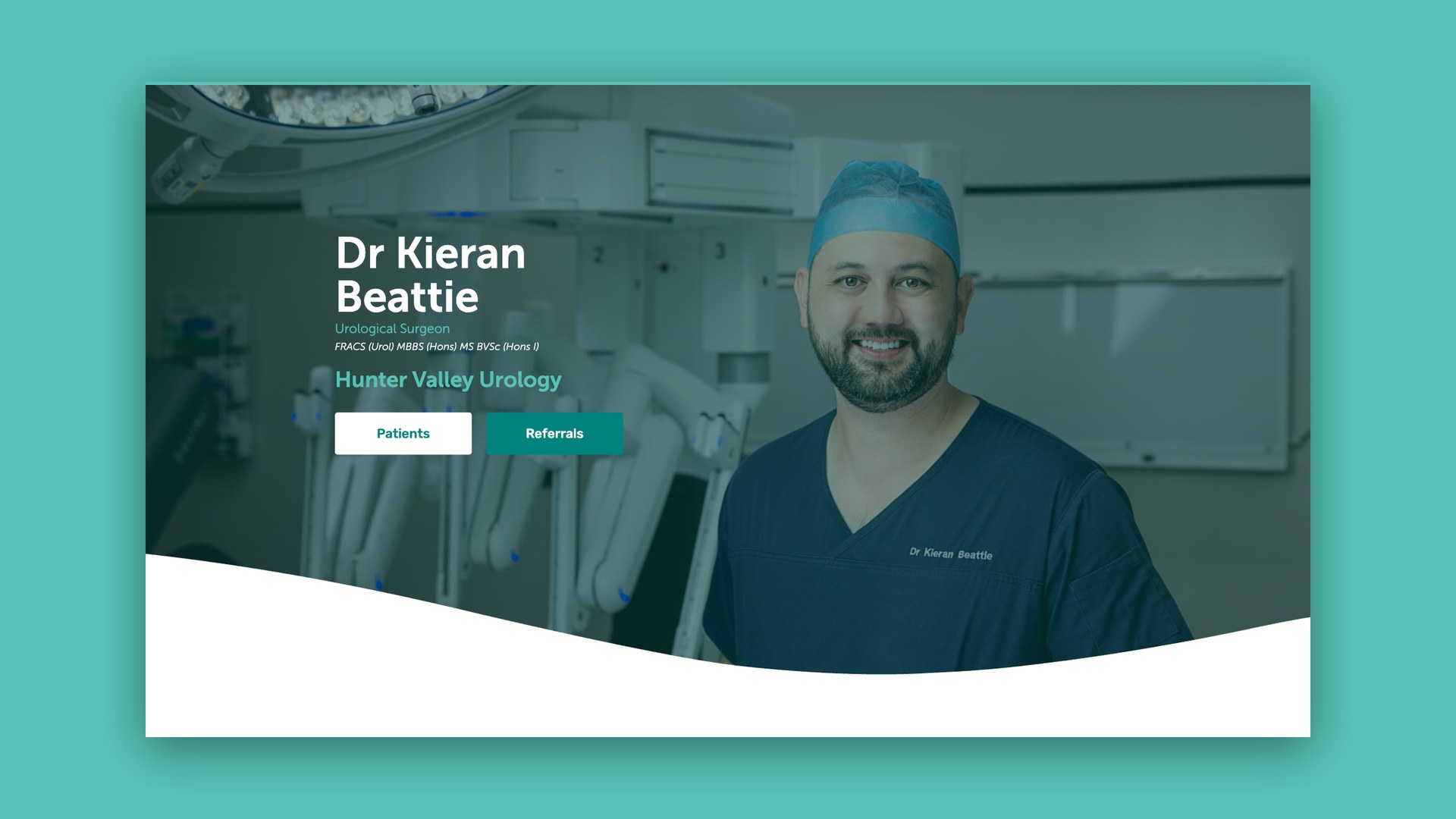 Website homepage with a surgeon in scrubs and Patients and Referrals buttons