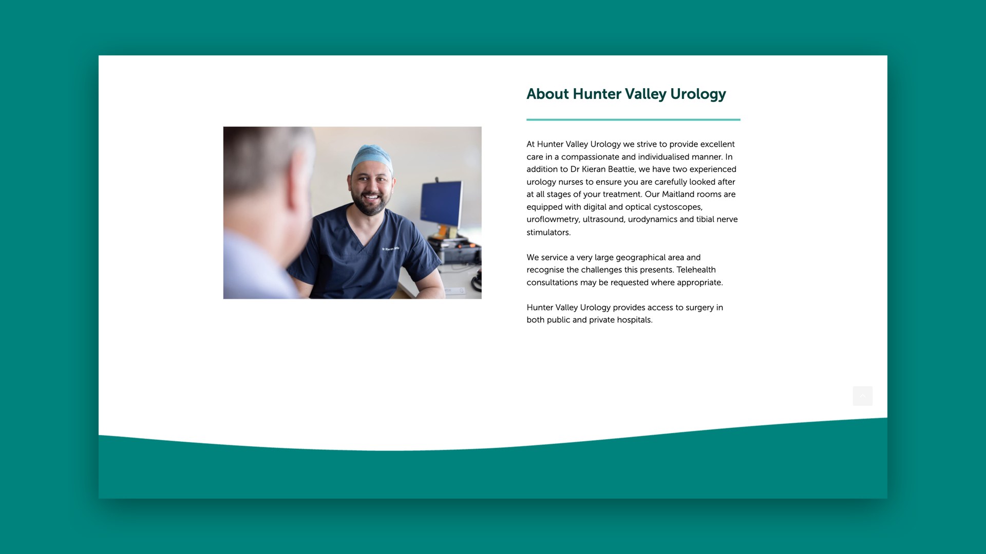 Website About page with a doctor's photo and a teal wave divider