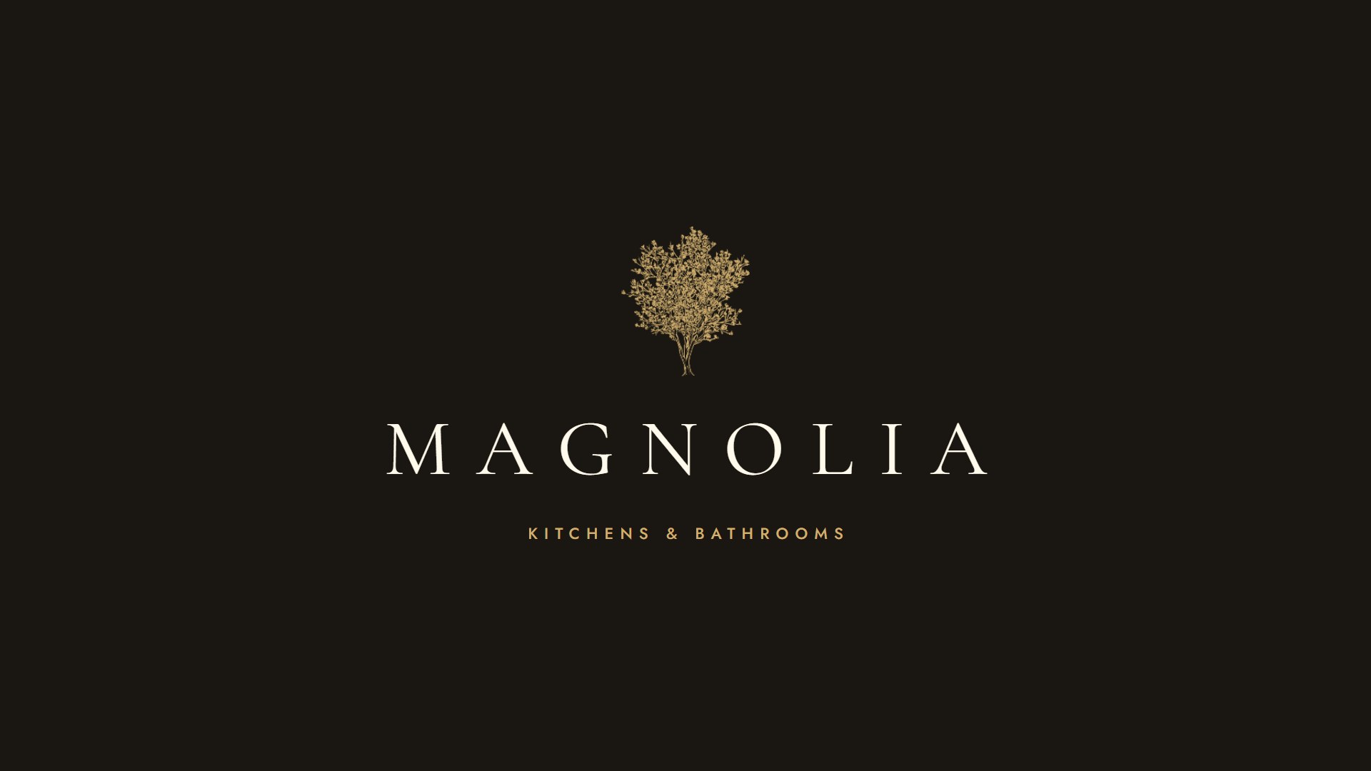 Magnolia Kitchens & Bathrooms logo, a gold tree above the wordmark and the line Kitchens & Bathrooms, on a dark brown background