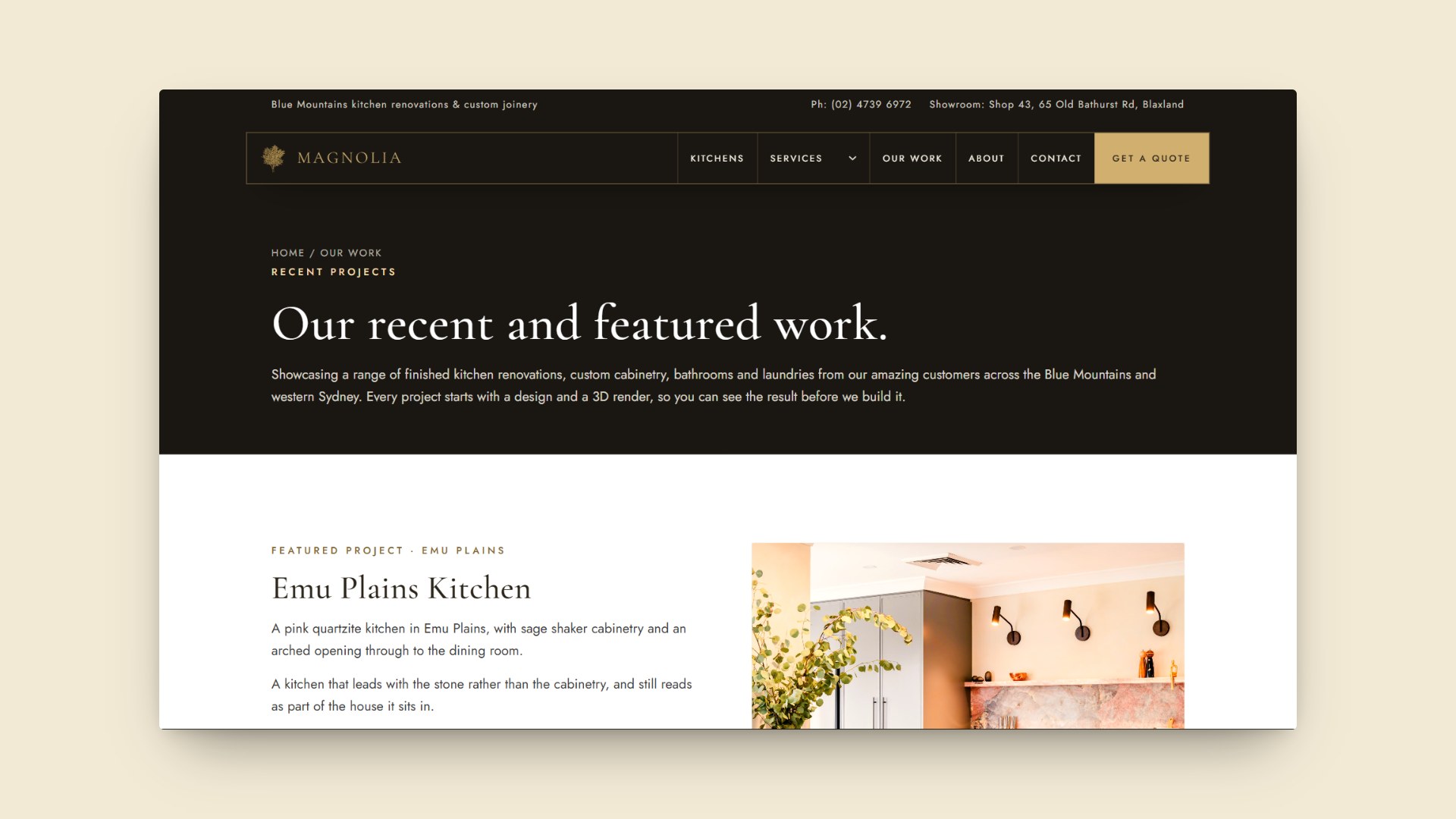 Magnolia Kitchens Our Work page headed Our recent and featured work, with the Emu Plains Kitchen project