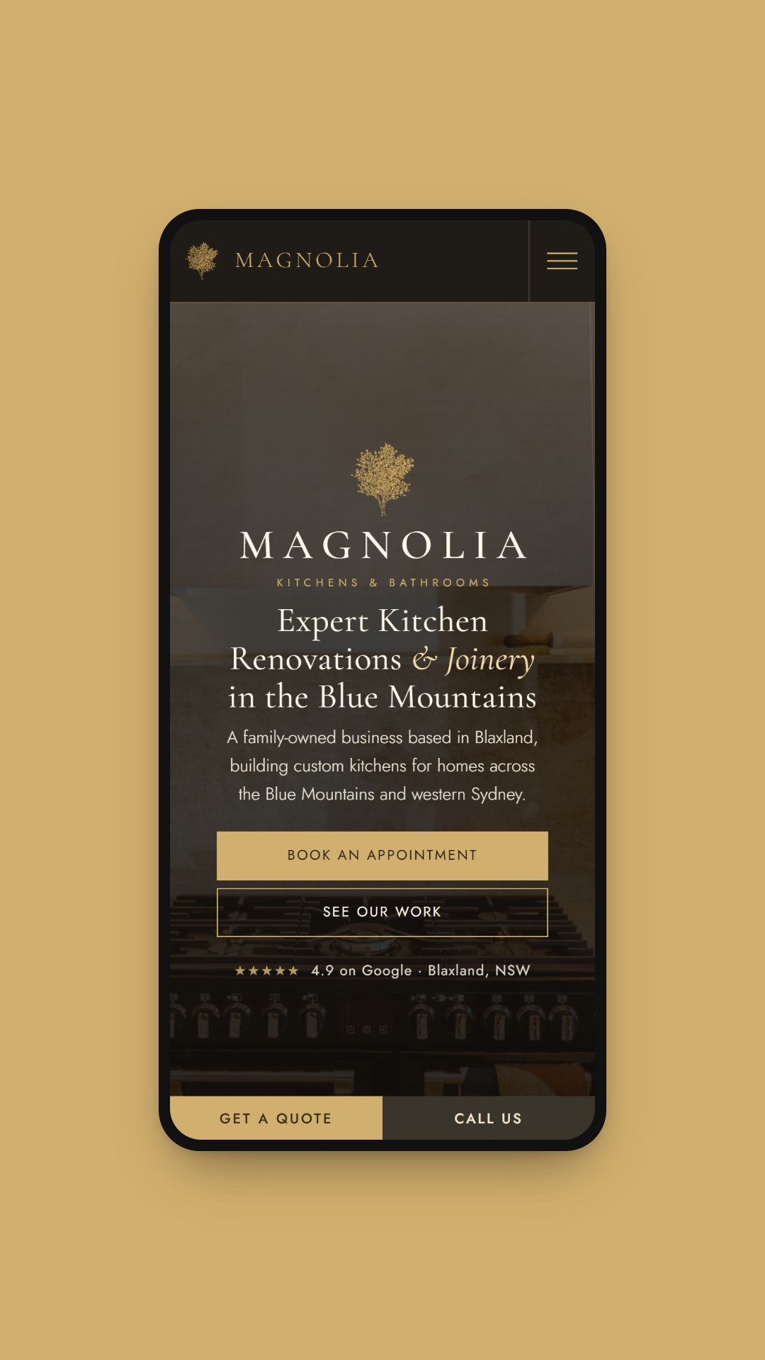 Mobile view of the Magnolia homepage with the gold tree logo and two buttons, Book an appointment and See our work