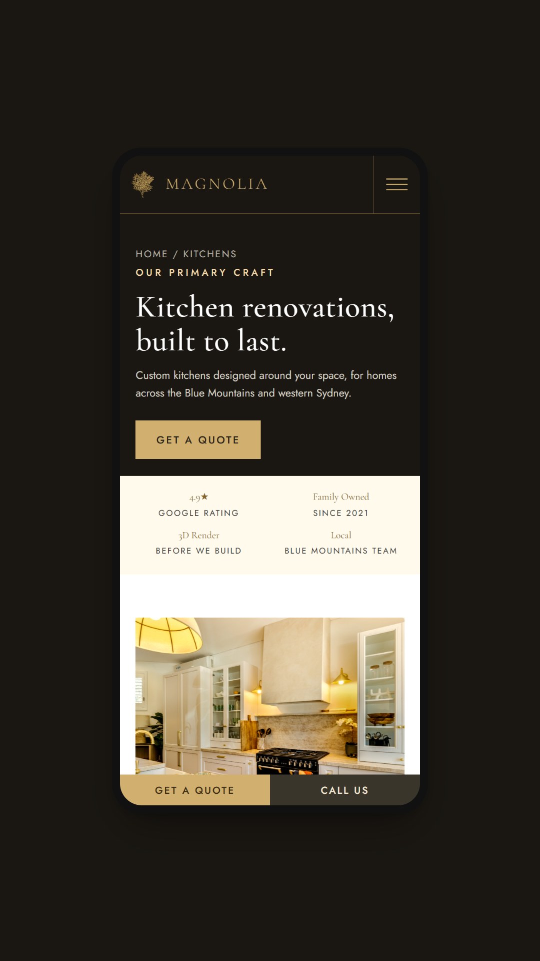 Mobile view of the Kitchens page headed Kitchen renovations, built to last