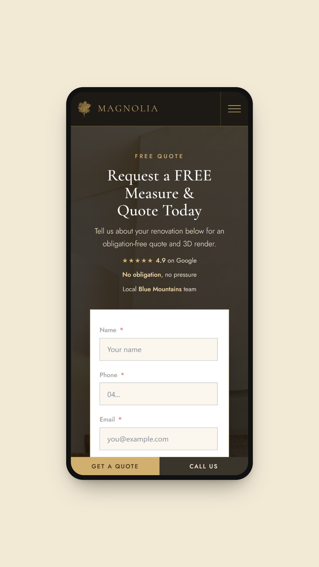 Mobile view of the Request a free measure and quote form