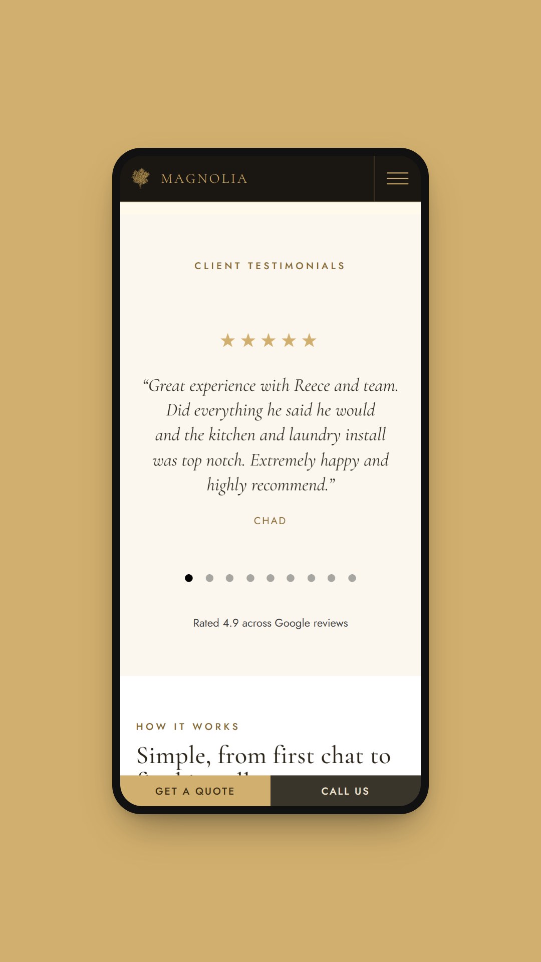 Mobile view of the client testimonials slider showing a five-star Google review