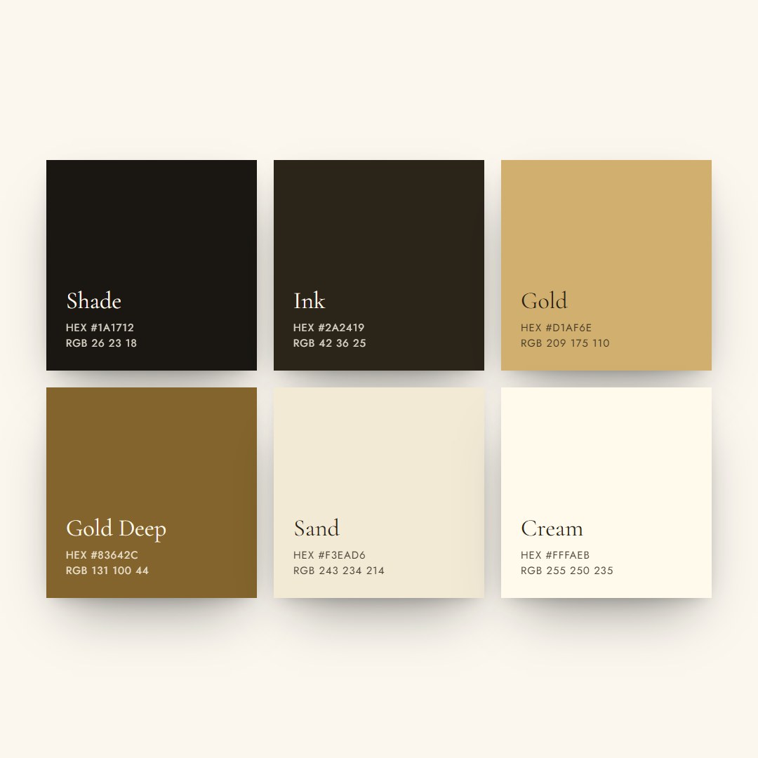 Magnolia colour palette of Shade, Ink, Gold, Gold Deep, Sand and Cream