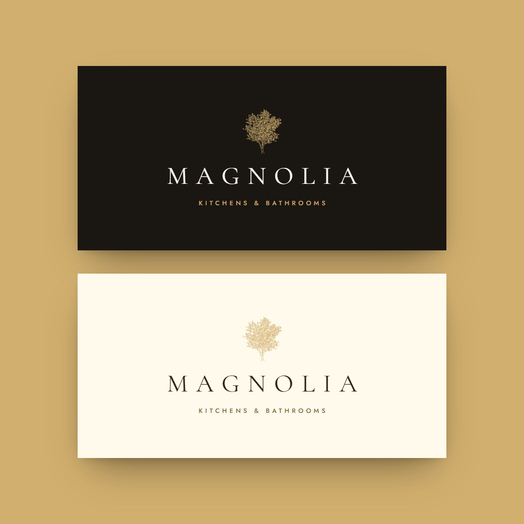Magnolia Kitchens and Bathrooms logo on a dark card and a cream card on a gold background