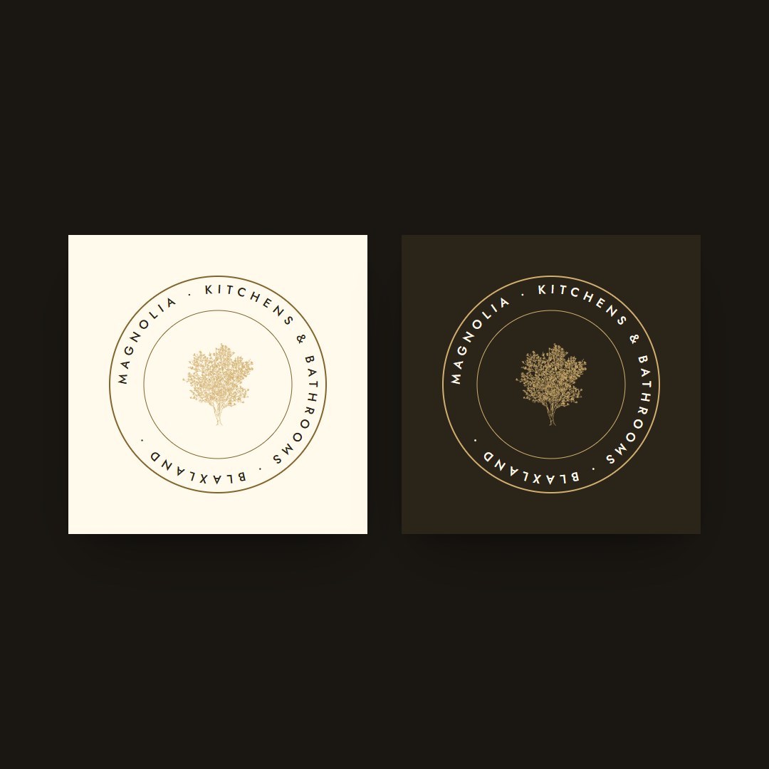 Circular badge version of the Magnolia logo, with the gold tree inside a ring reading Kitchens and Bathrooms, Blaxland