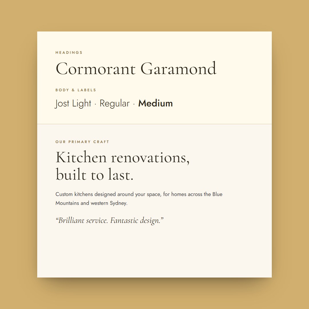 Magnolia typography sheet showing Cormorant Garamond for headings and Jost for body text, with the line Kitchen renovations, built to last