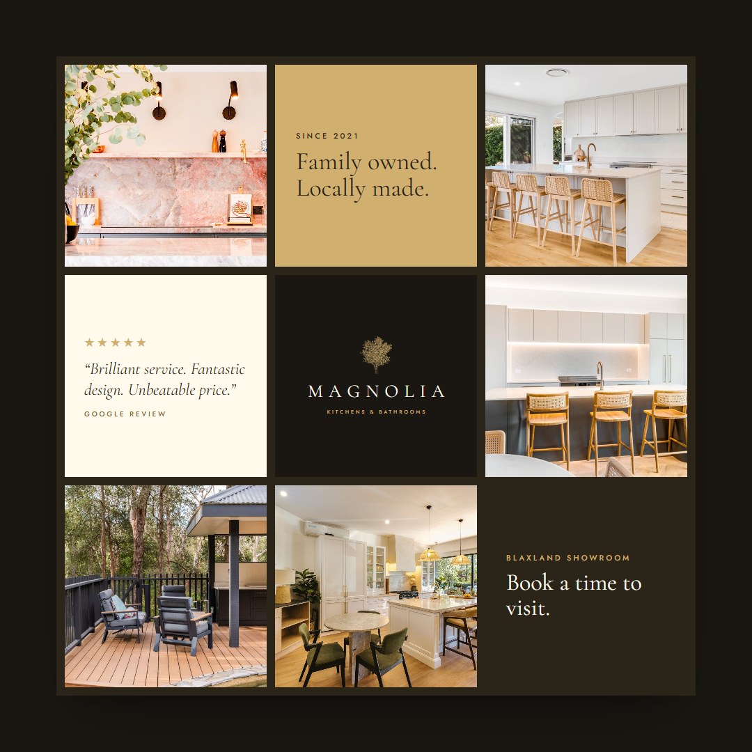 Magnolia social media grid of kitchen photography, a gold Family owned. Locally made. tile and a five-star review
