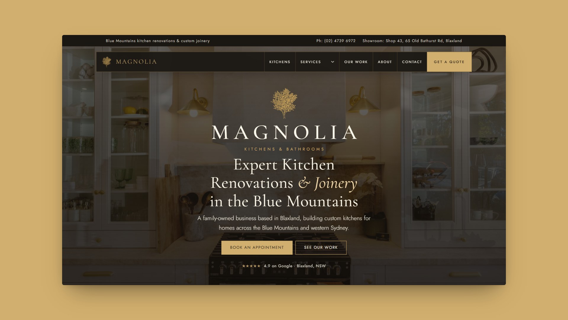 Magnolia Kitchens homepage on desktop, headed Expert Kitchen Renovations and Joinery in the Blue Mountains