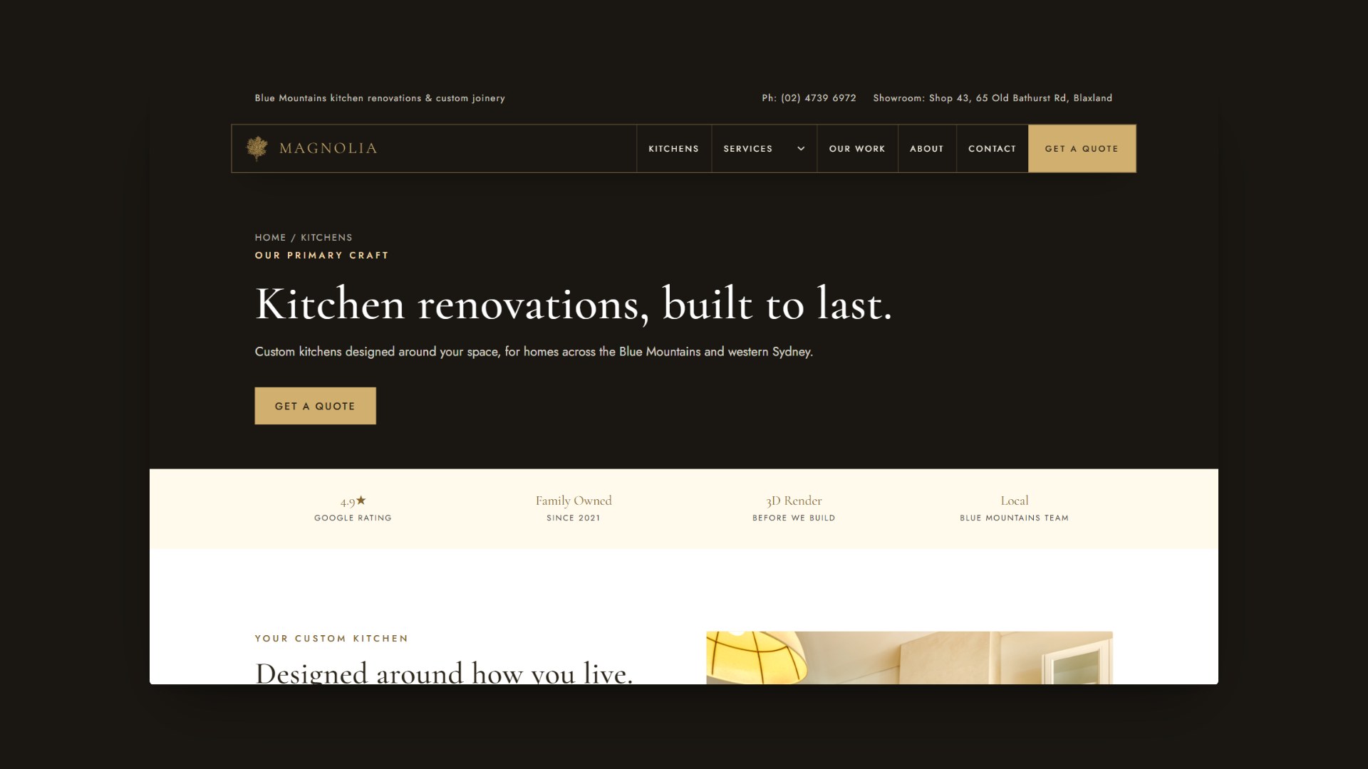Magnolia Kitchens page headed Kitchen renovations, built to last, with a trust bar and a featured kitchen