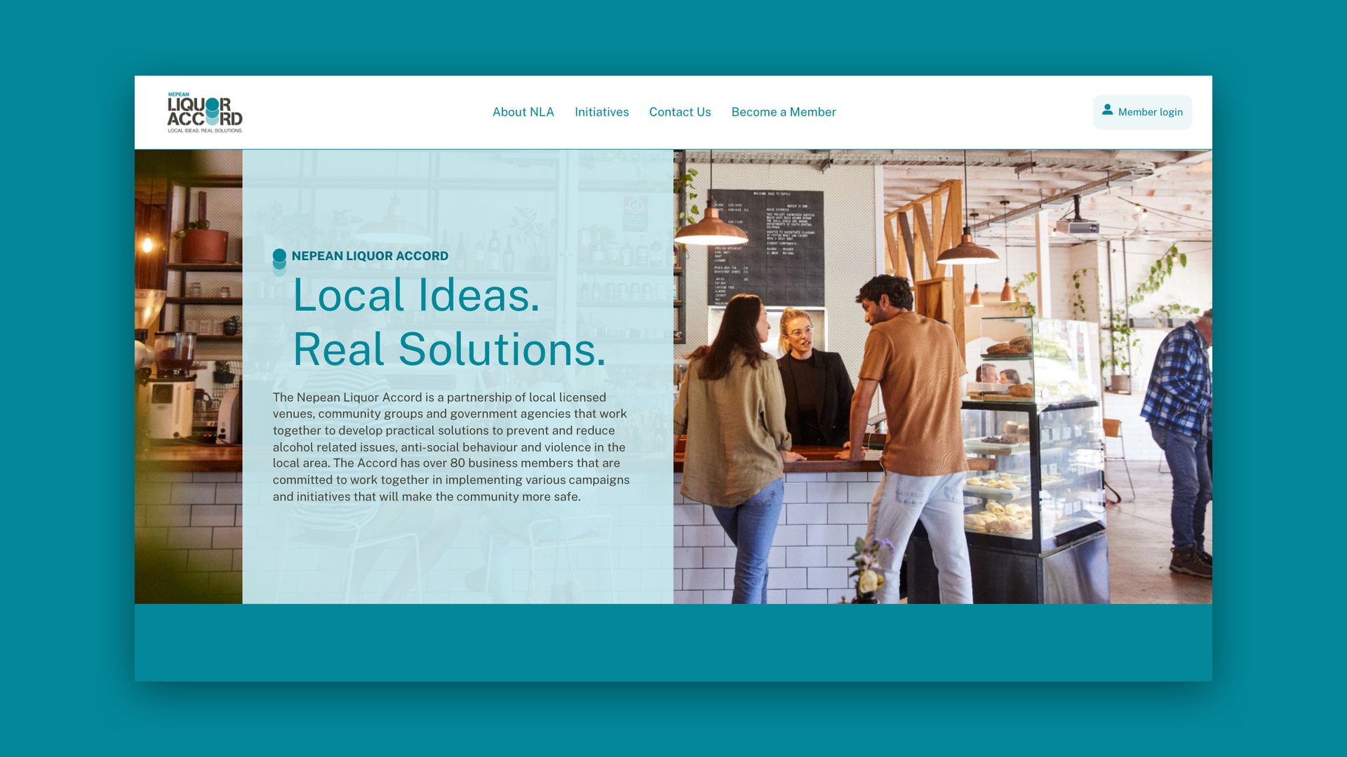 Website homepage headed Local Ideas. Real Solutions. over a photo of a cafe counter