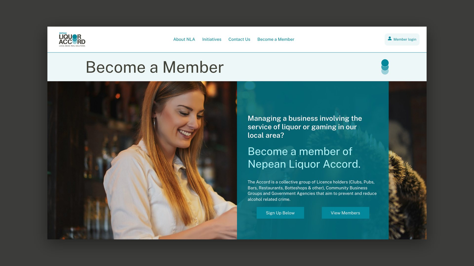 Website Become a Member page with a photo of a venue worker serving a customer