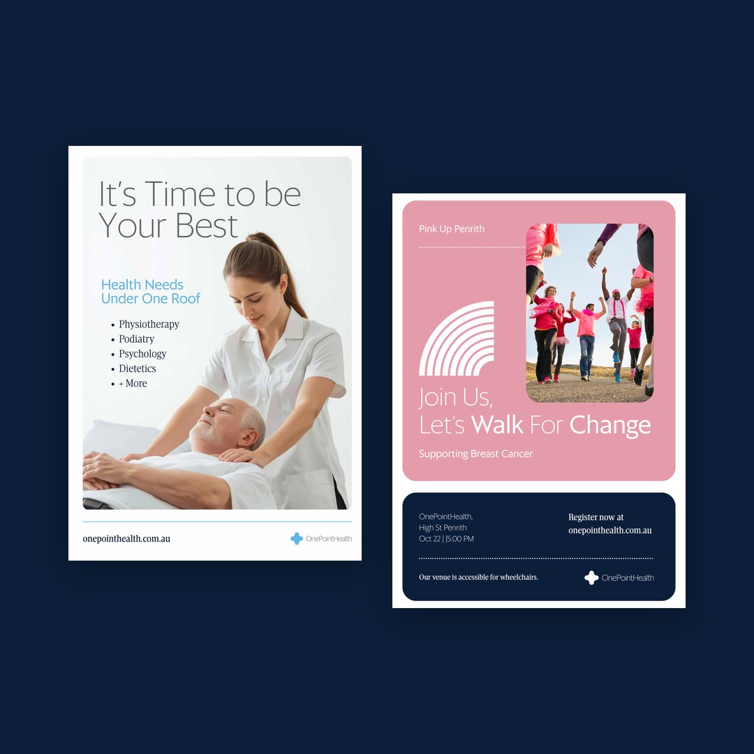 Two OnePointHealth event flyers: It's Time to be Your Best, and Let's Walk For Change