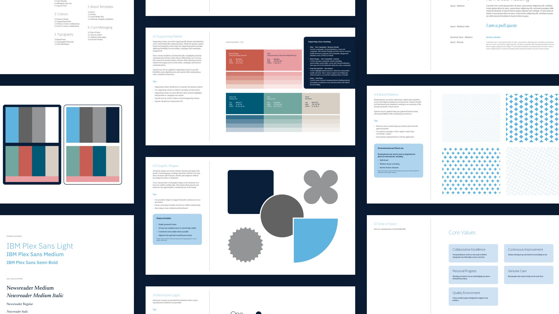 Pages from the OnePointHealth brand guidelines, including colour and pattern