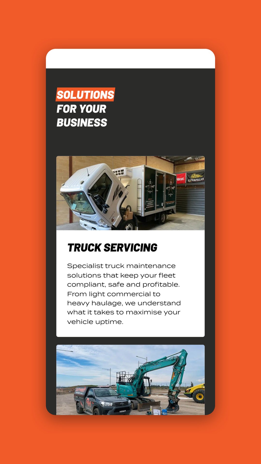 OutWest Trucks & Machinery mobile solutions page showing truck servicing and an excavator