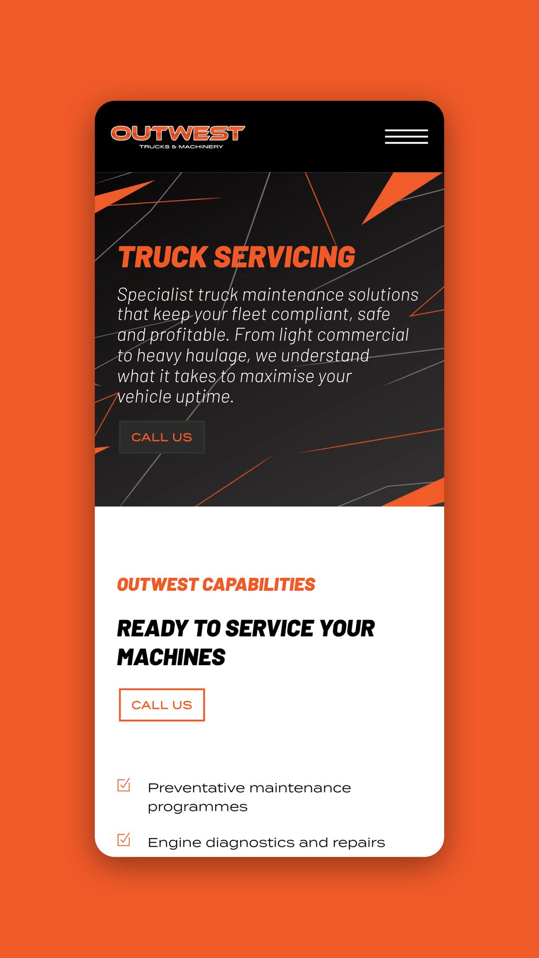 OutWest Trucks & Machinery mobile truck servicing page with a capabilities list