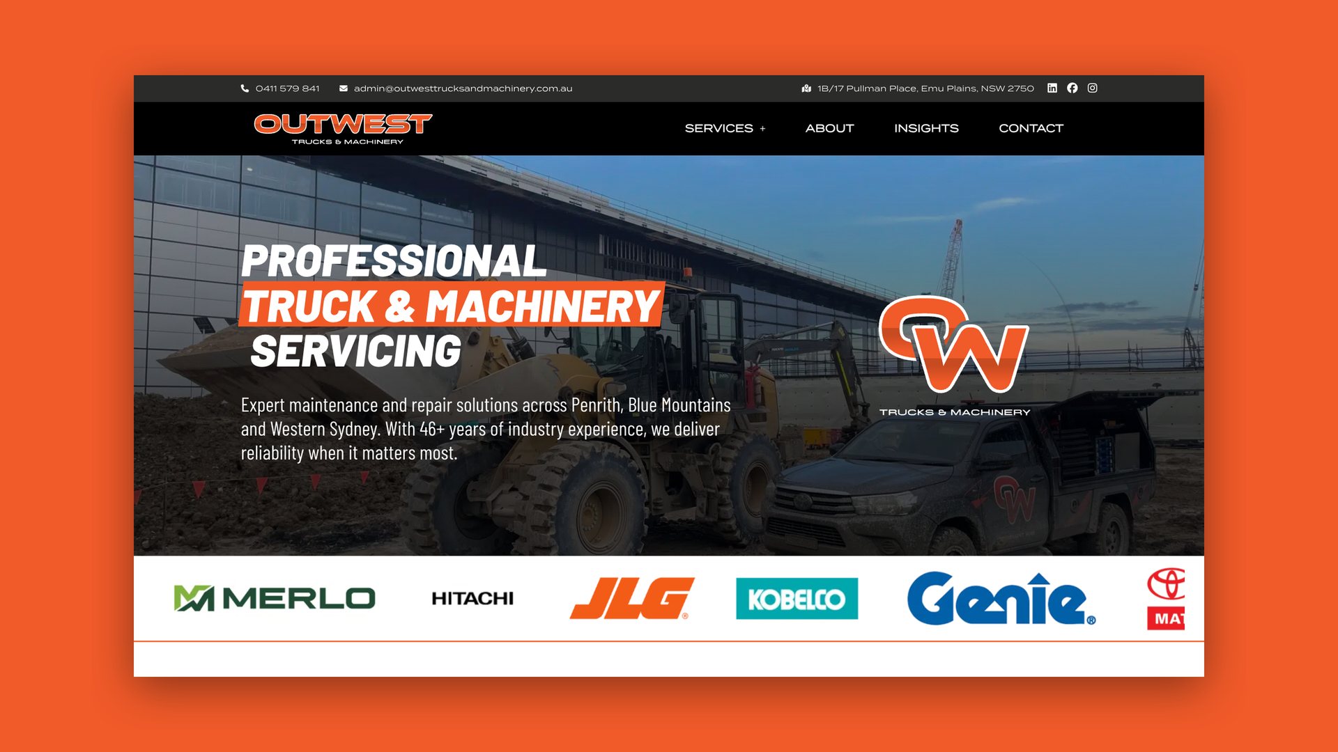 OutWest Trucks & Machinery website homepage headed Professional truck and machinery servicing, with manufacturer logos