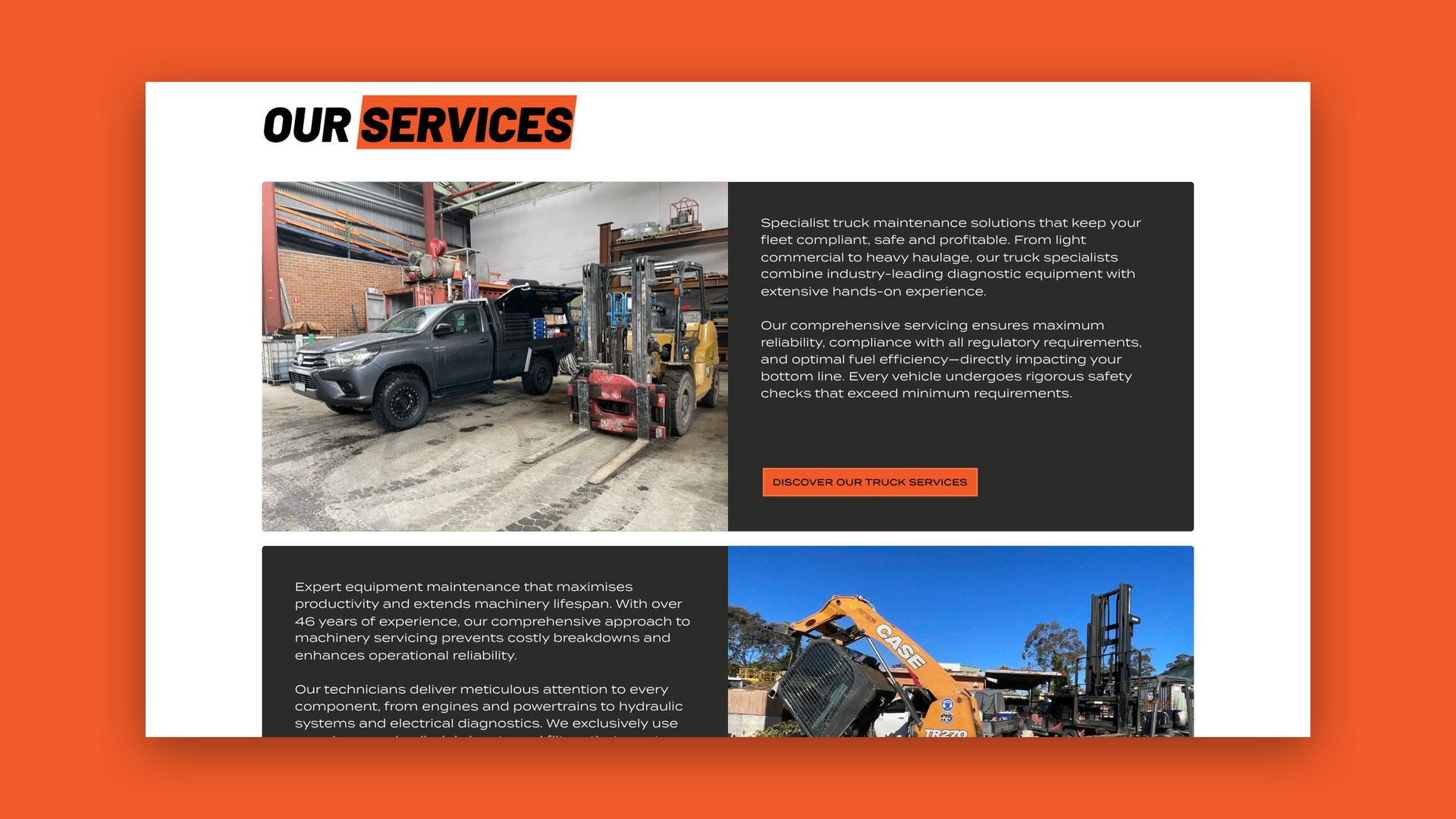 OutWest Trucks & Machinery website Our Services page with workshop photography