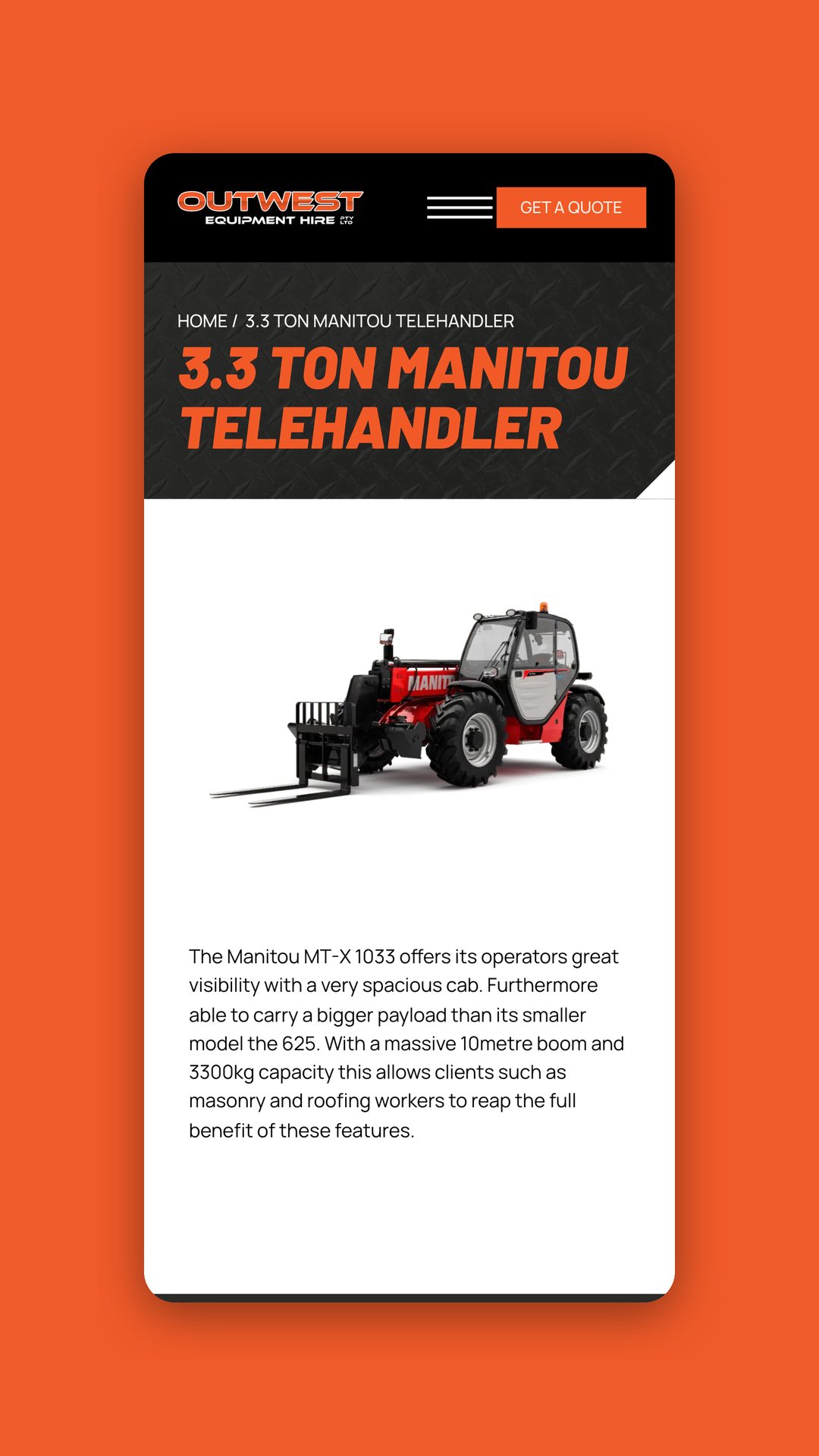 OutWest Equipment Hire mobile telehandler product page with a get a quote button