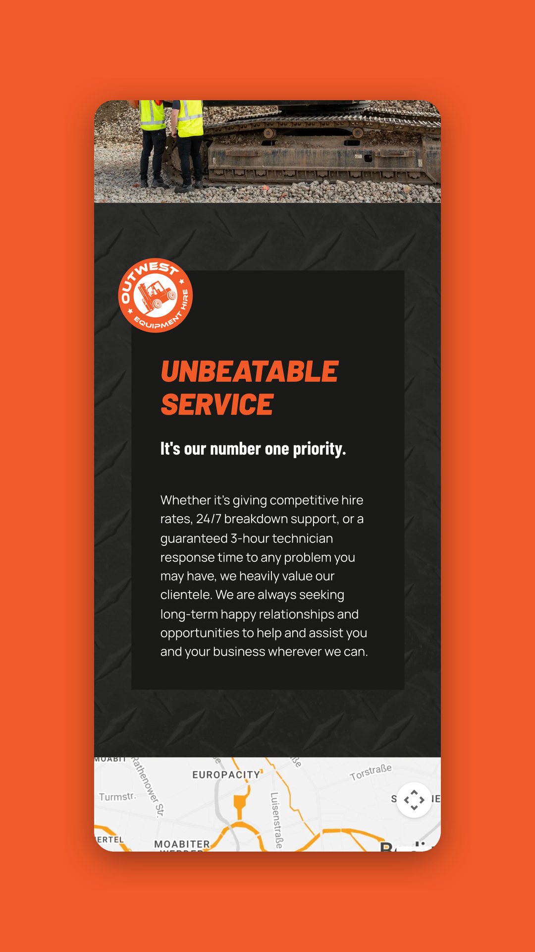 OutWest Equipment Hire mobile Unbeatable service page with a map