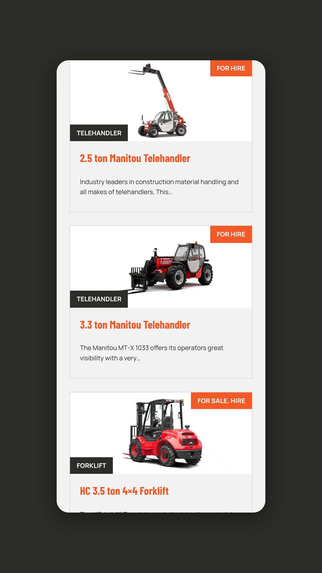 OutWest Equipment Hire mobile equipment list of telehandlers and forklifts
