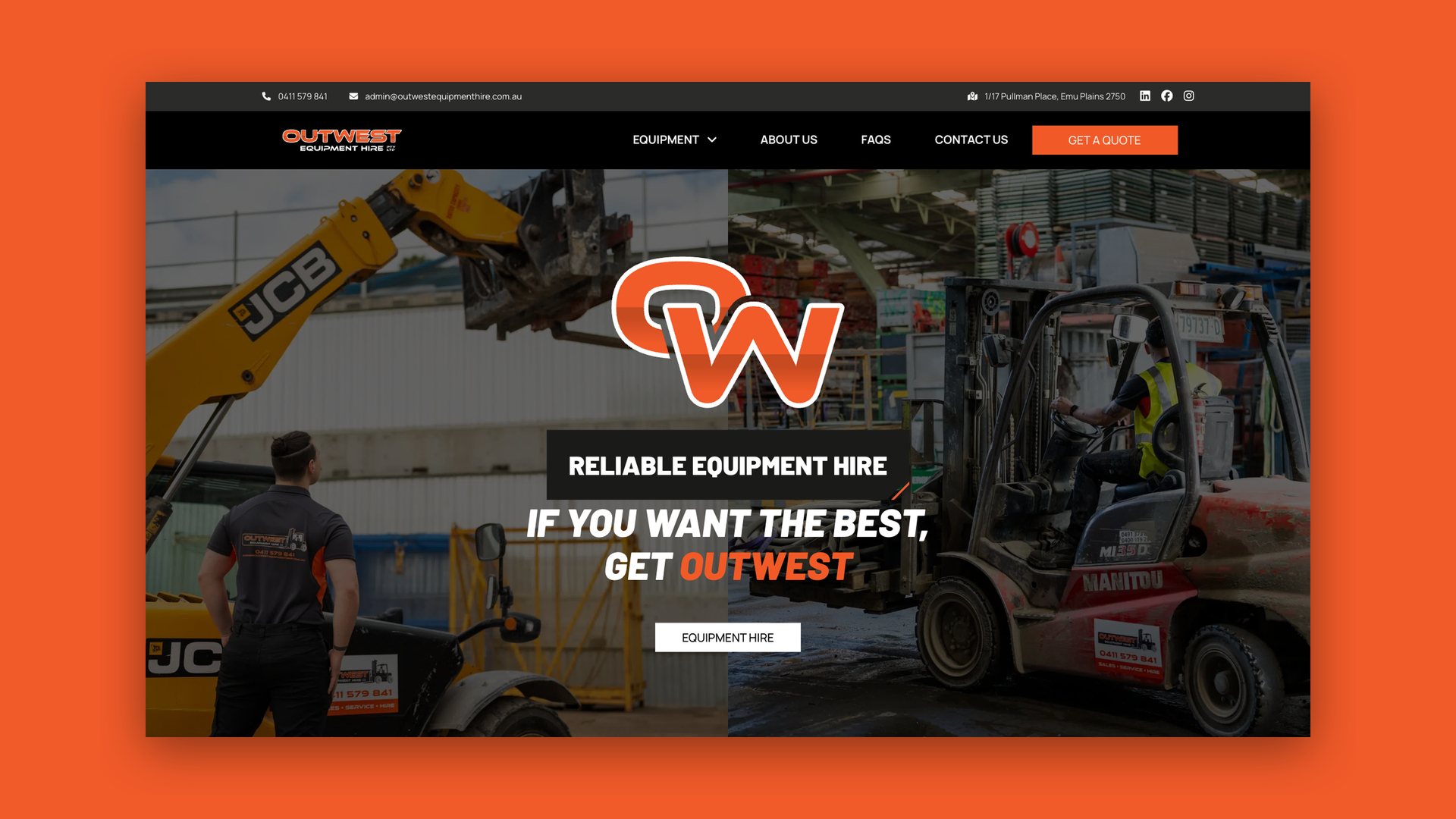 OutWest Equipment Hire website homepage headed Reliable equipment hire. If you want the best, get OutWest.