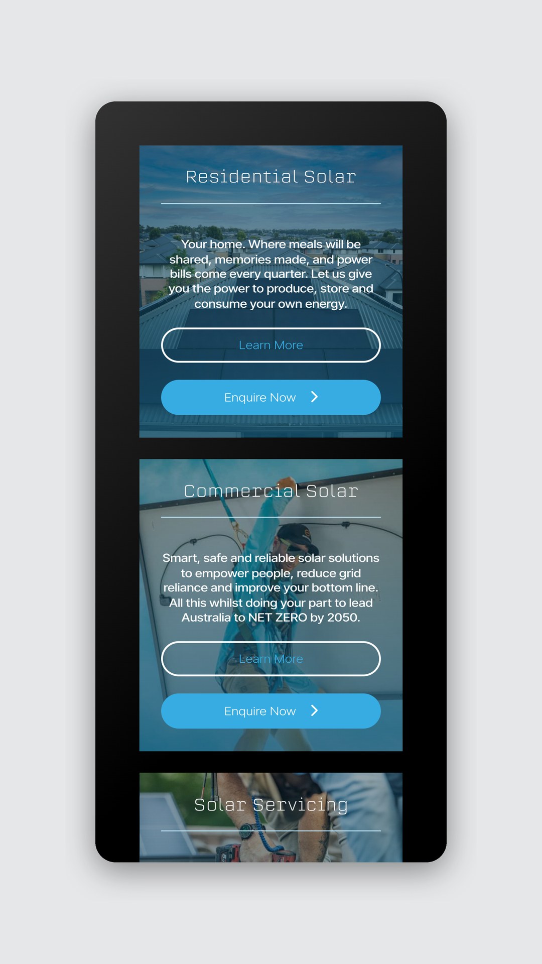 Mobile view of the residential and commercial solar service cards
