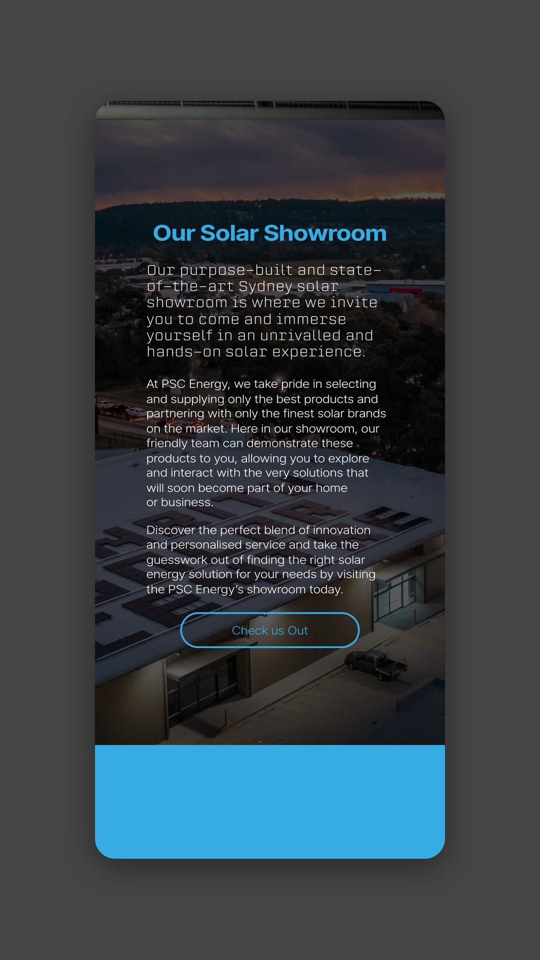 Mobile view of the solar showroom page over an aerial photo of the building