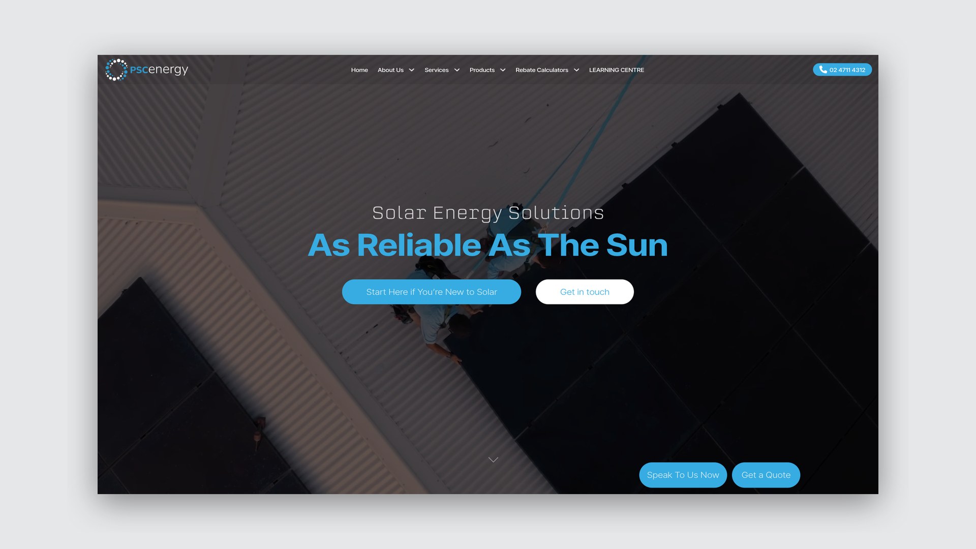 Website homepage hero over solar panels, headed As Reliable As The Sun