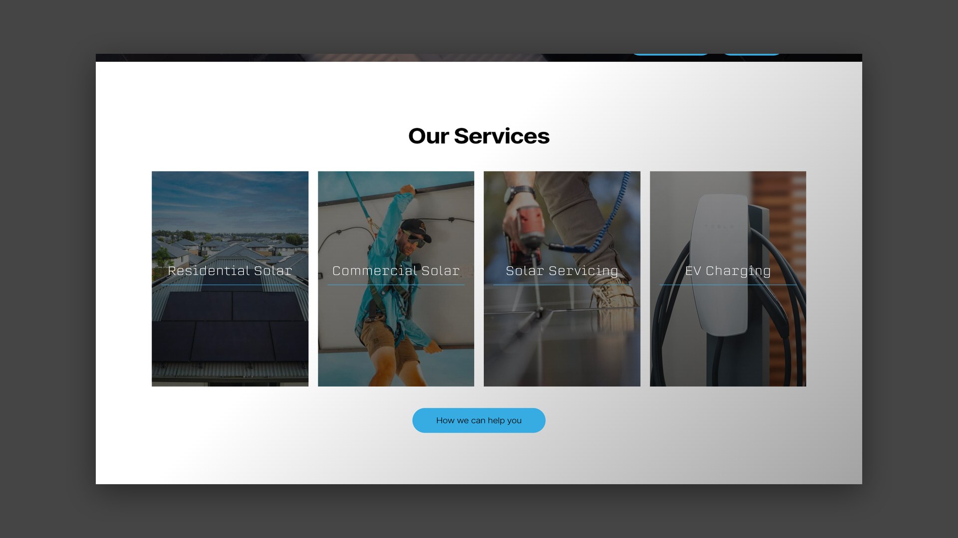 Website services section showing residential solar, commercial solar, solar servicing and EV charging