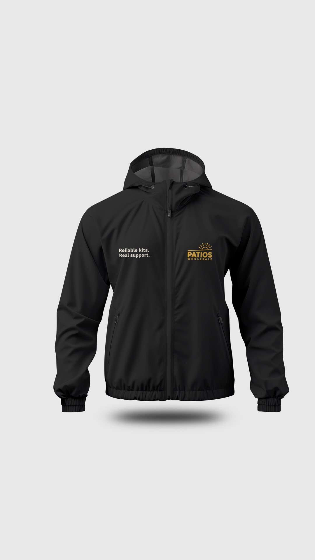 Black jacket with a small Patios Wholesale logo