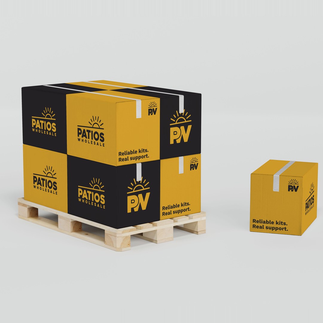 Pallet of yellow and black boxes printed with Reliable kits. Real support.