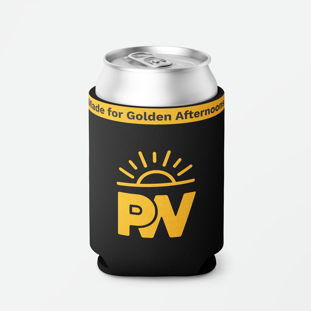 Black can cooler with the PW monogram and the line Made for Golden Afternoons